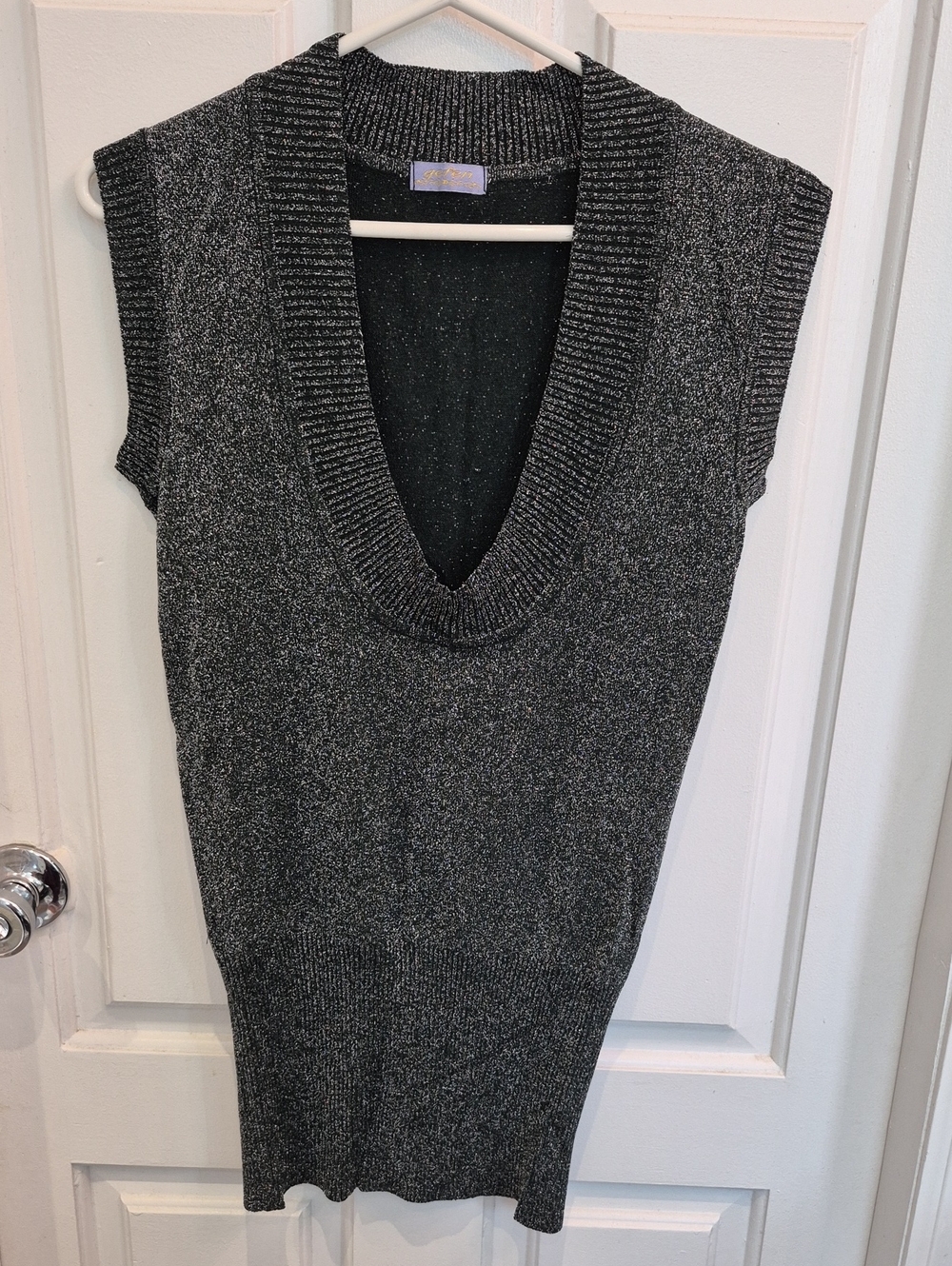 Sleeveless Deep V-Neck Metallic Charcoal Knit Sweater